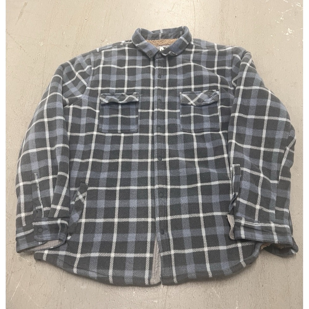 Voyager Mens 2XL Blue Gray White Plaid Sherpa Lined Shacket Jacket Shirt Coat